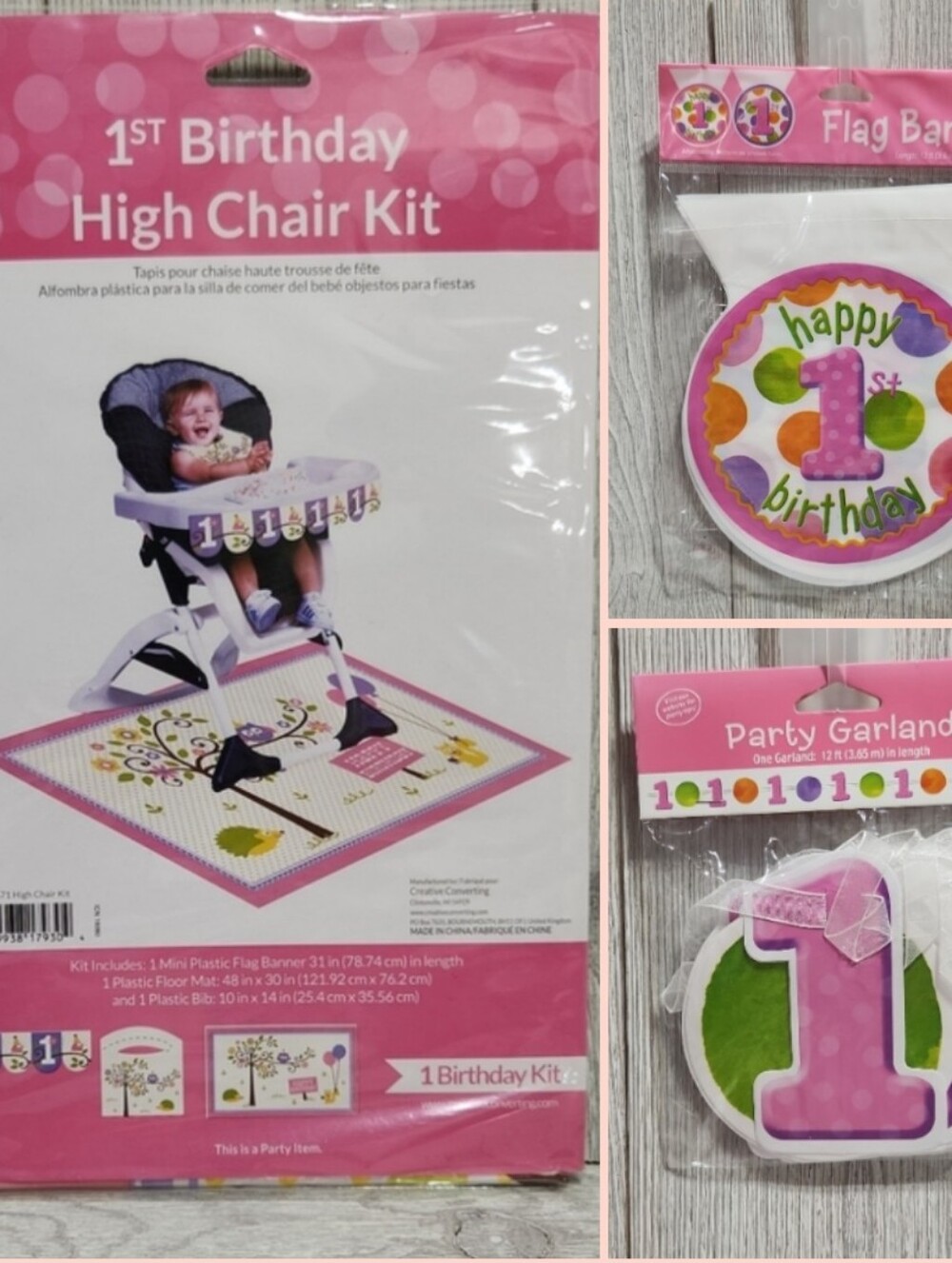 Girl's 1st Birthday 4pc Party High Chair Mat, Banner & Garland Bundle